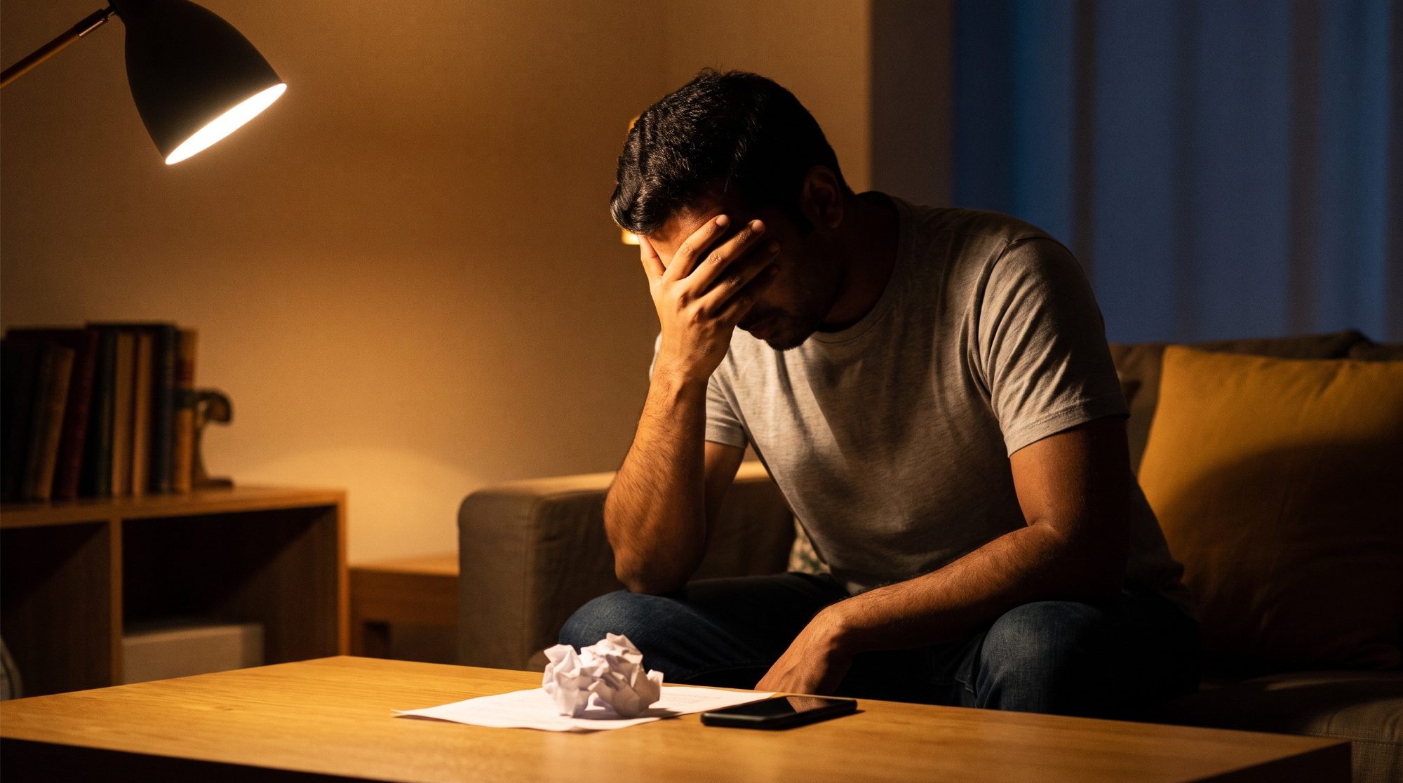 A man in his living room in the evening, overwhelmed