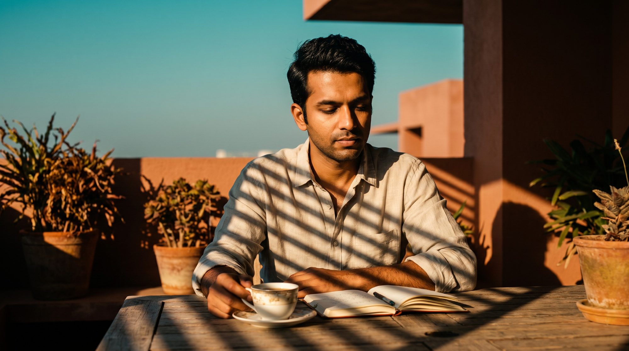 A man journaling on a sunlit terrace at sunrise