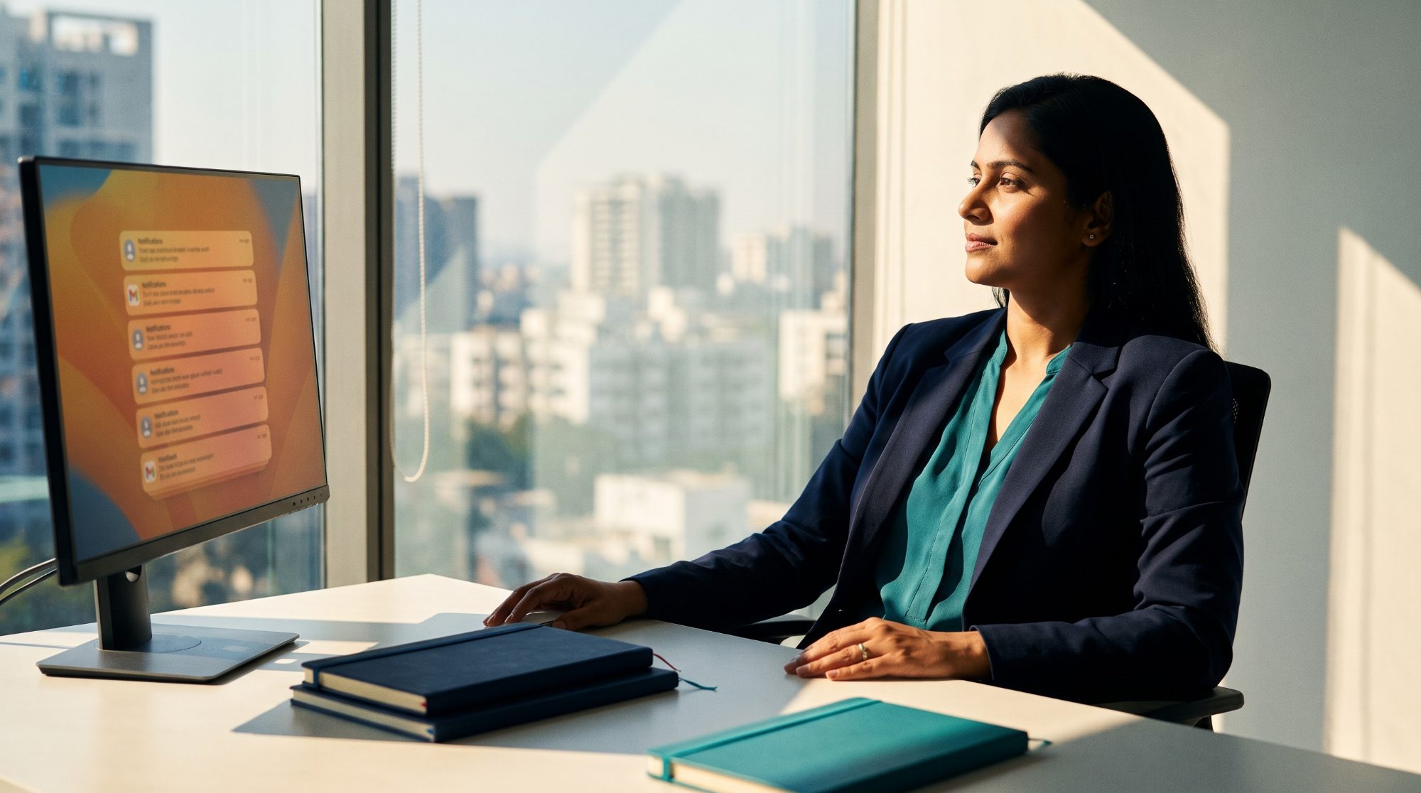 A professional at her desk pausing with a calm breath