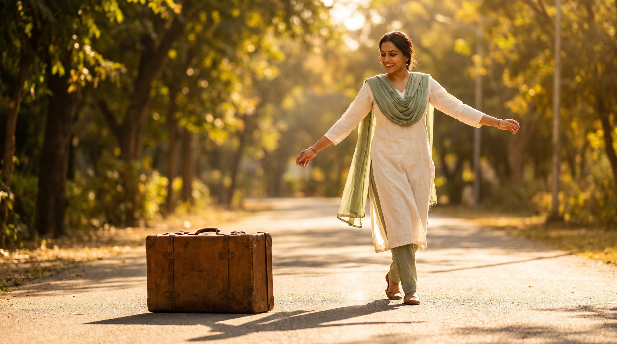 A woman setting down an old suitcase on a sunlit path