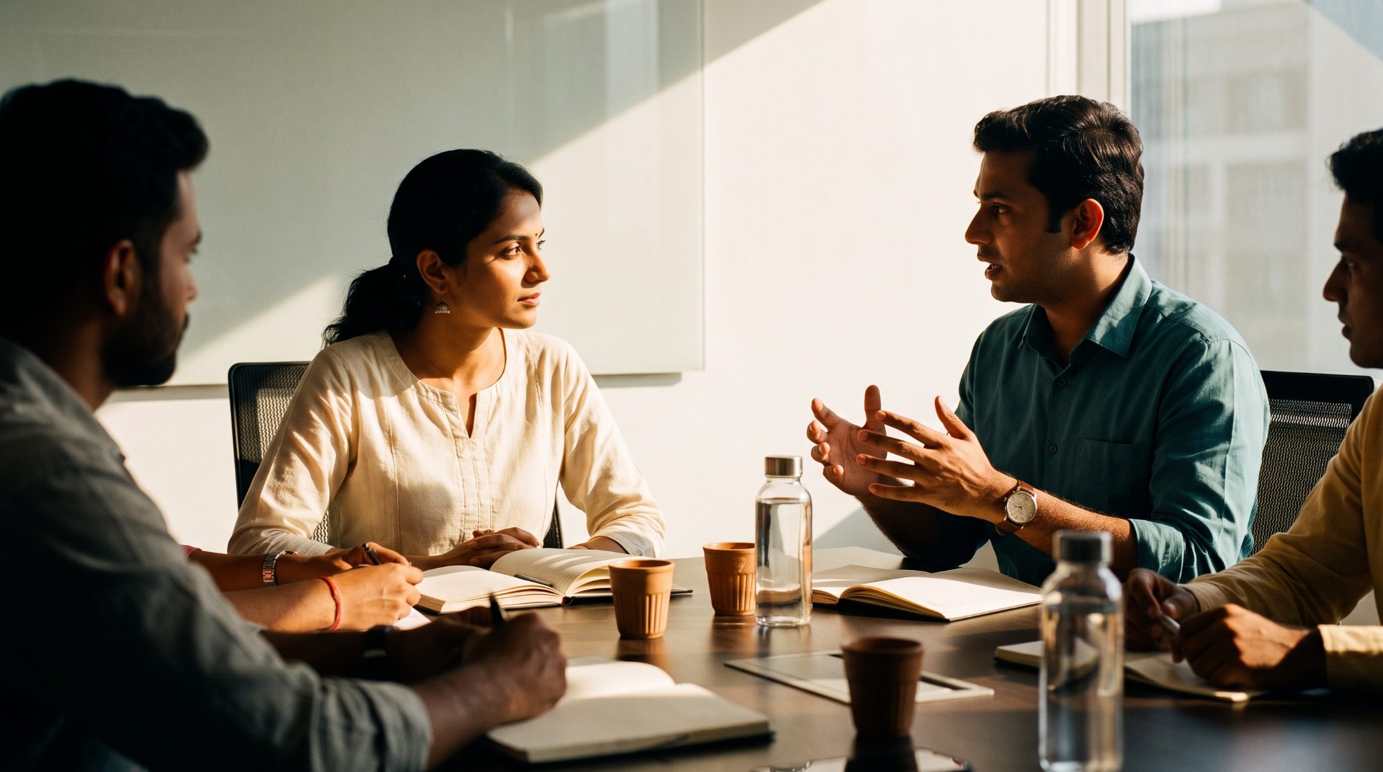 Indian colleagues in a meeting room with a calm team lead listening attentively while a colleague speaks