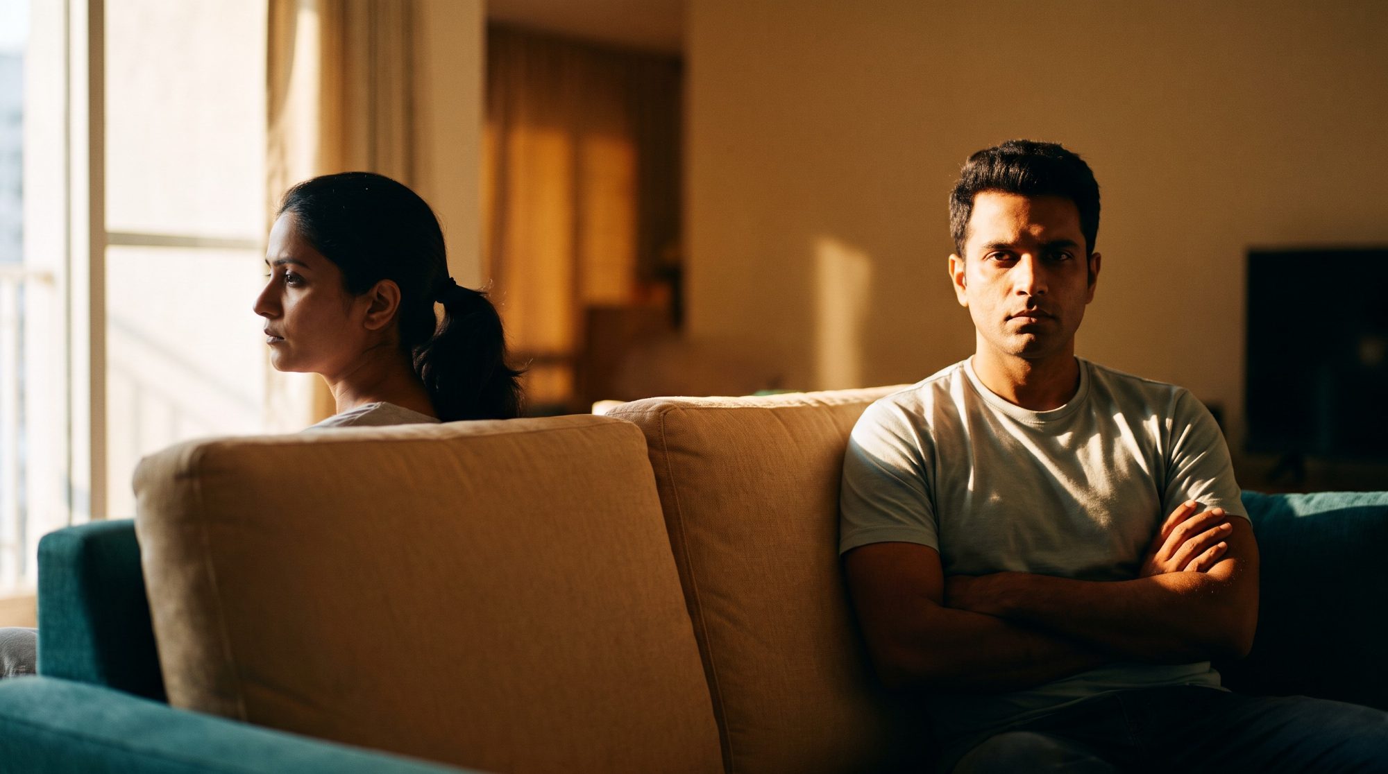 A couple sitting apart on a sofa in silence