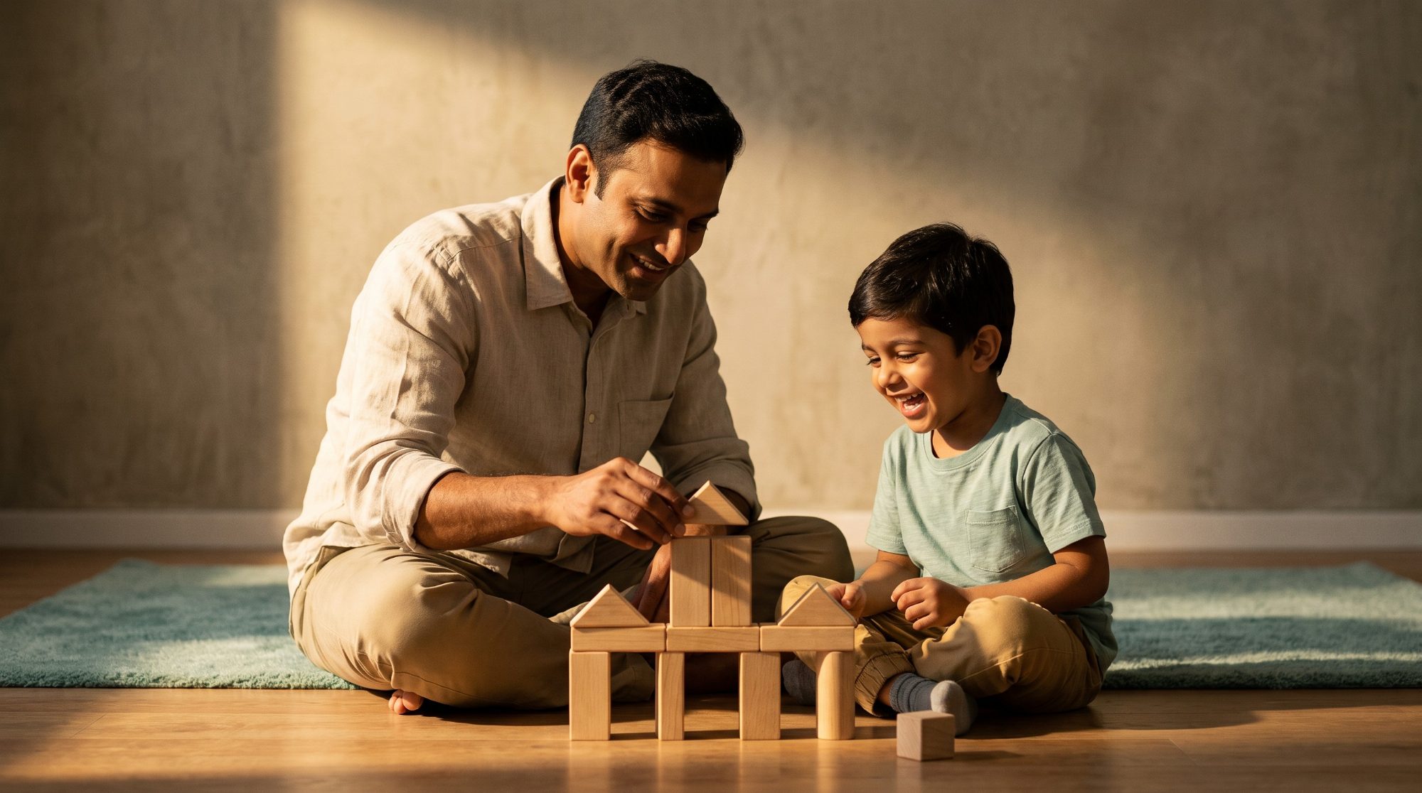 A father and his young son building with wooden blocks together on the floor
