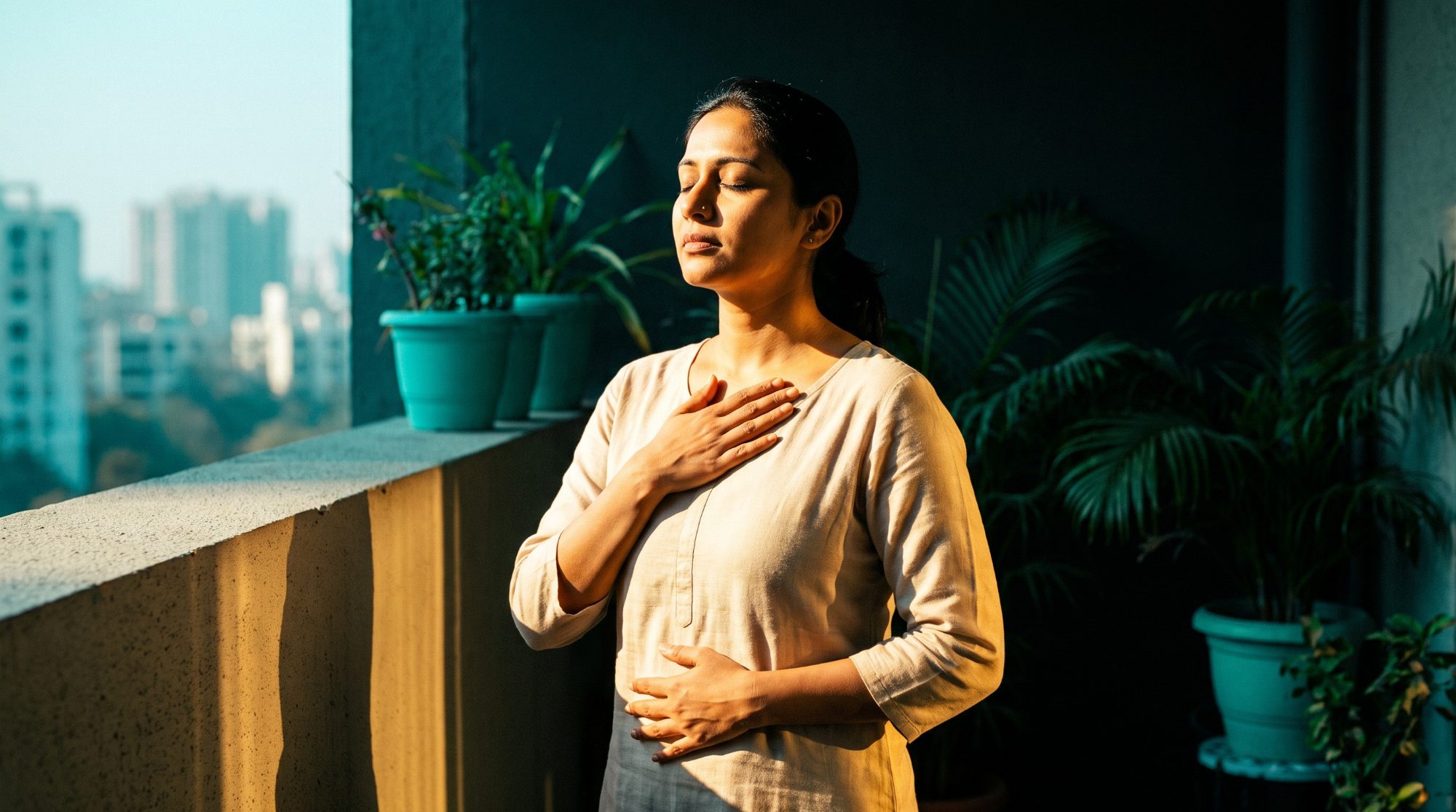A woman on a balcony breathing slowly in the early morning
