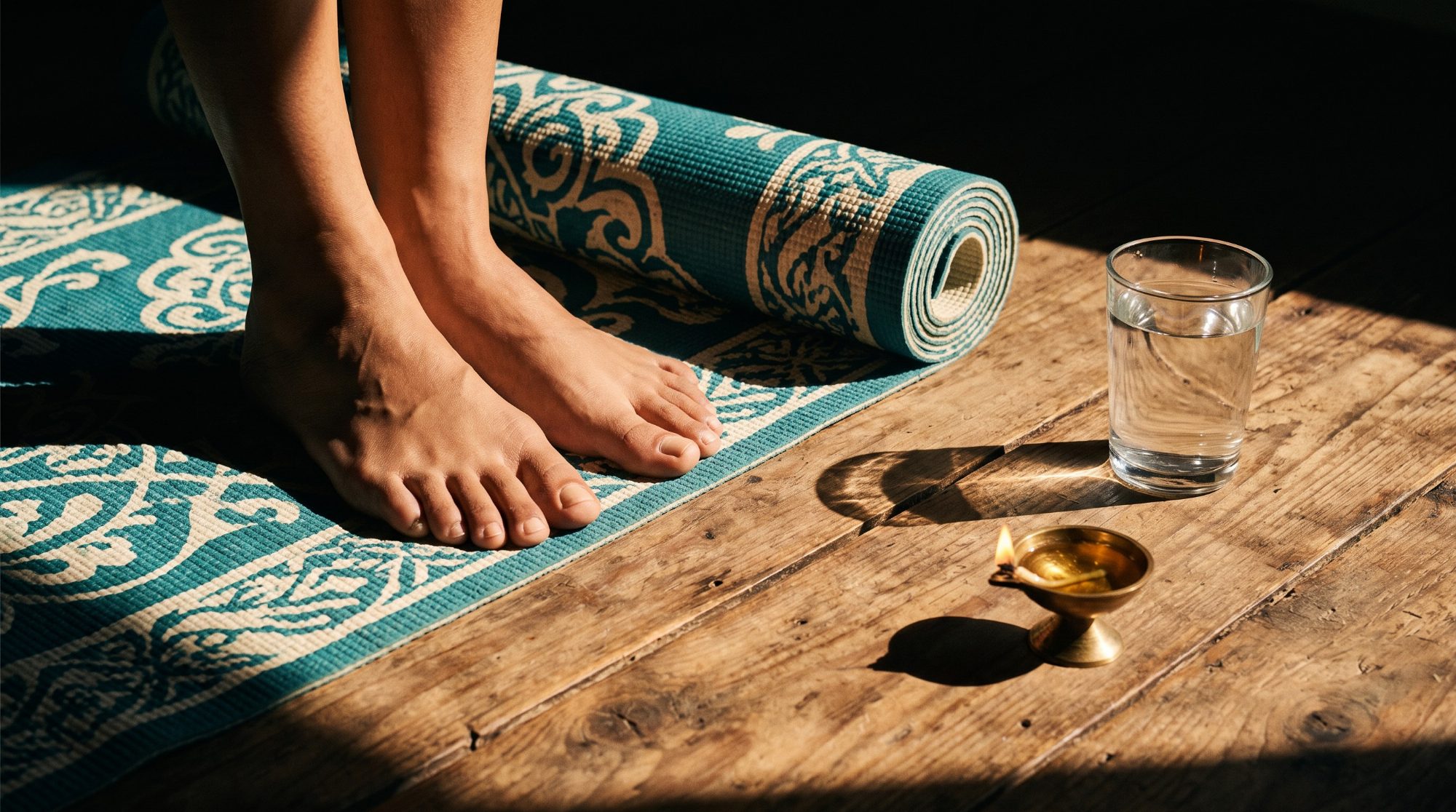 Bare feet planted on a wooden floor beside a yoga mat, with a glass of water and a small brass diya nearby