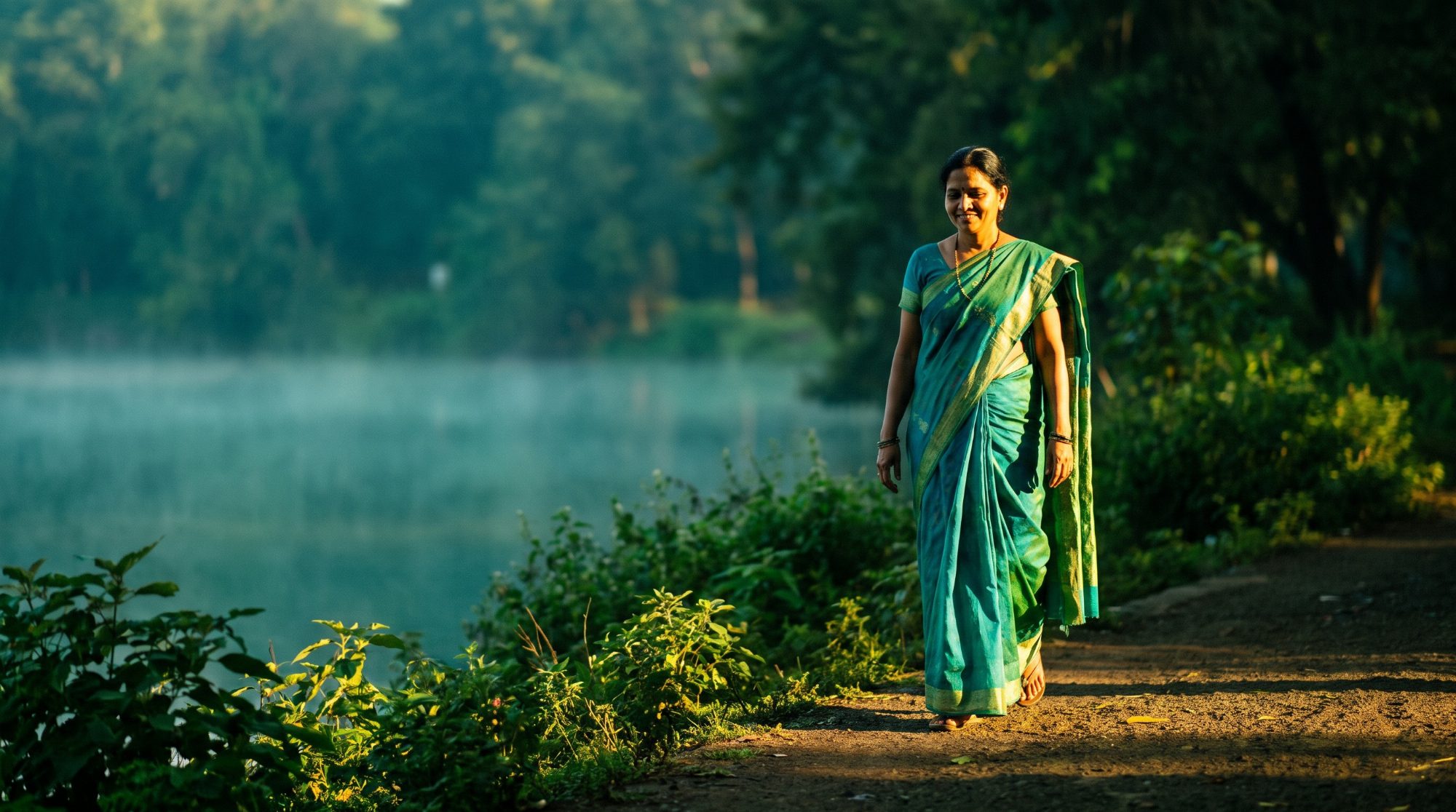 A woman walking slowly along a quiet lakeside path in a green Pune park in the early morning
