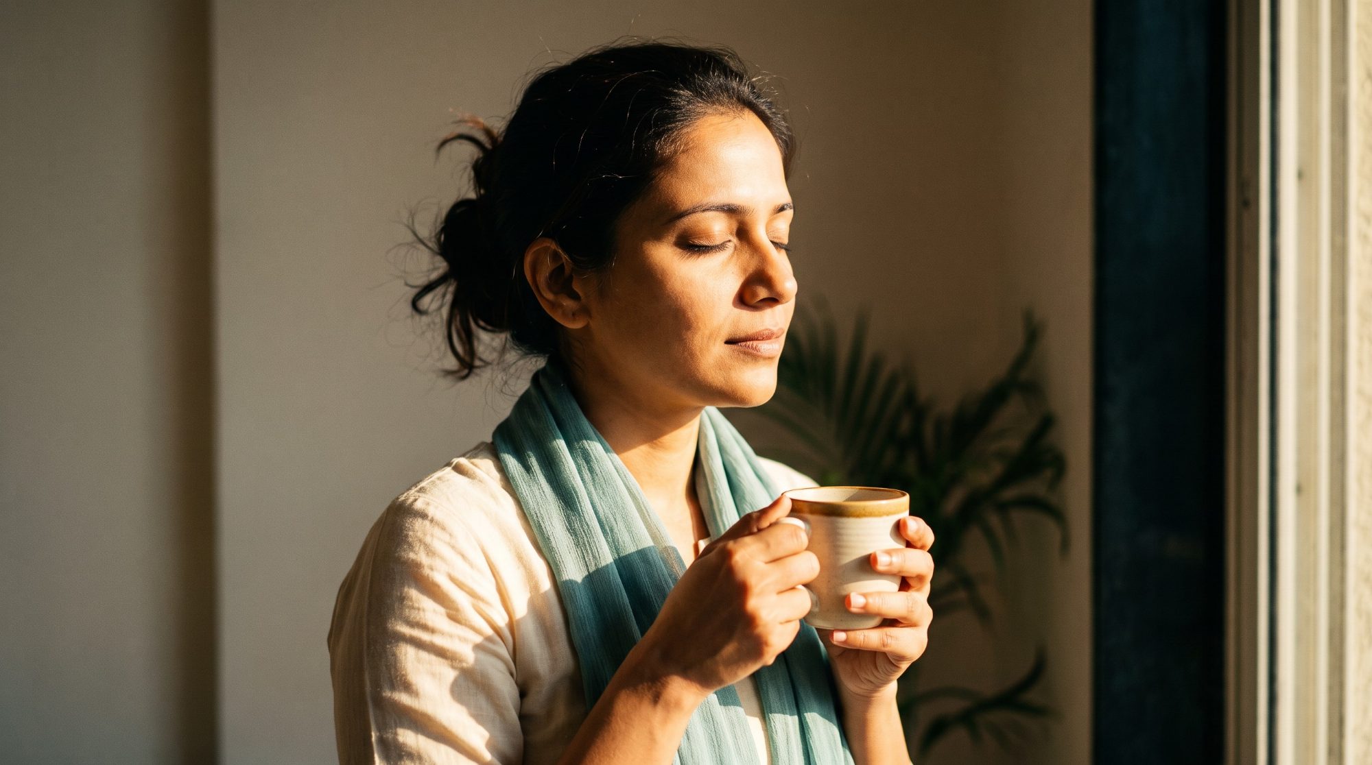 A calm woman in a sunlit Pune apartment taking a slow breath with a cup of chai