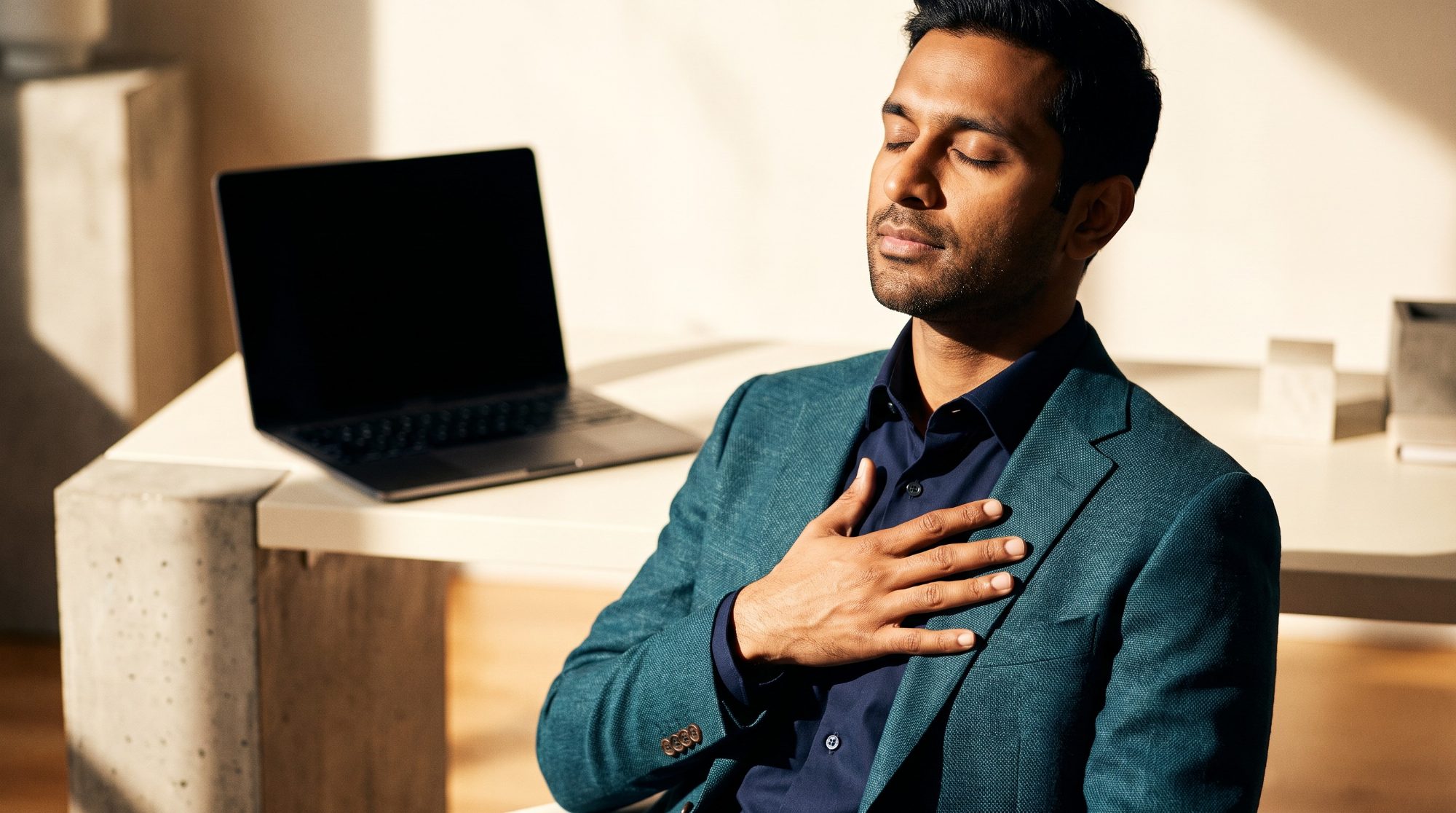 A man at his office desk pausing with his hand on his chest and his eyes closed