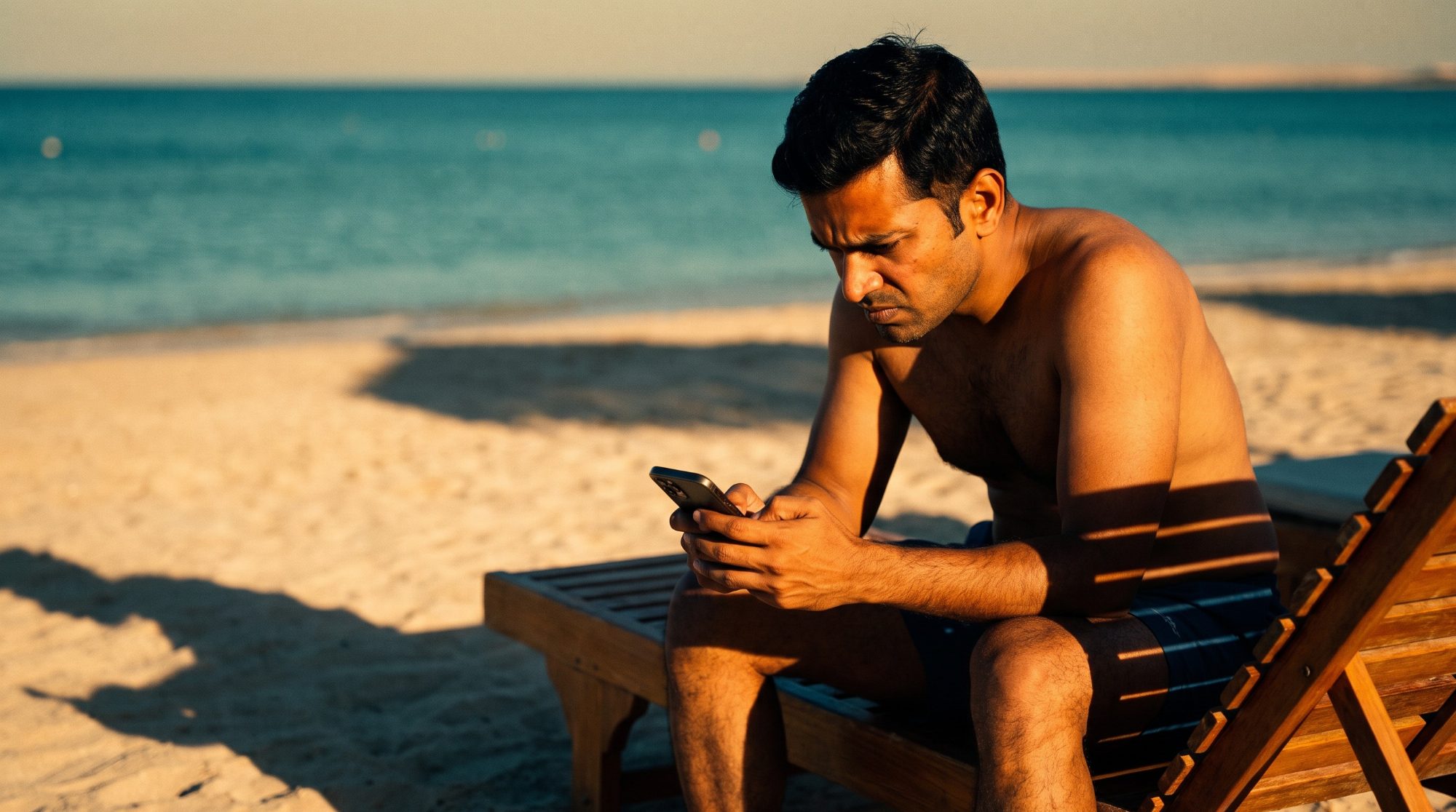 A man on a beach holiday tense and checking his phone