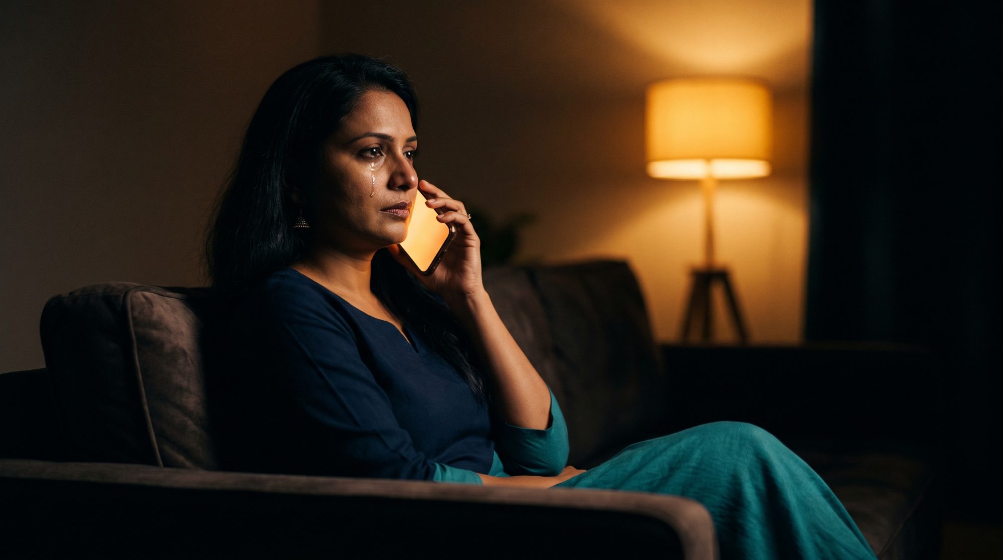 A woman sitting quietly on the edge of a sofa at night, lit by the glow of her phone