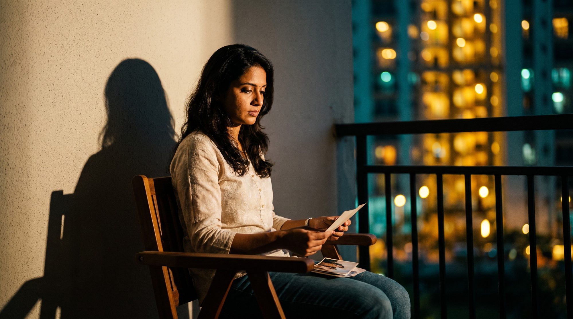A woman on a balcony at dusk looking at old photographs