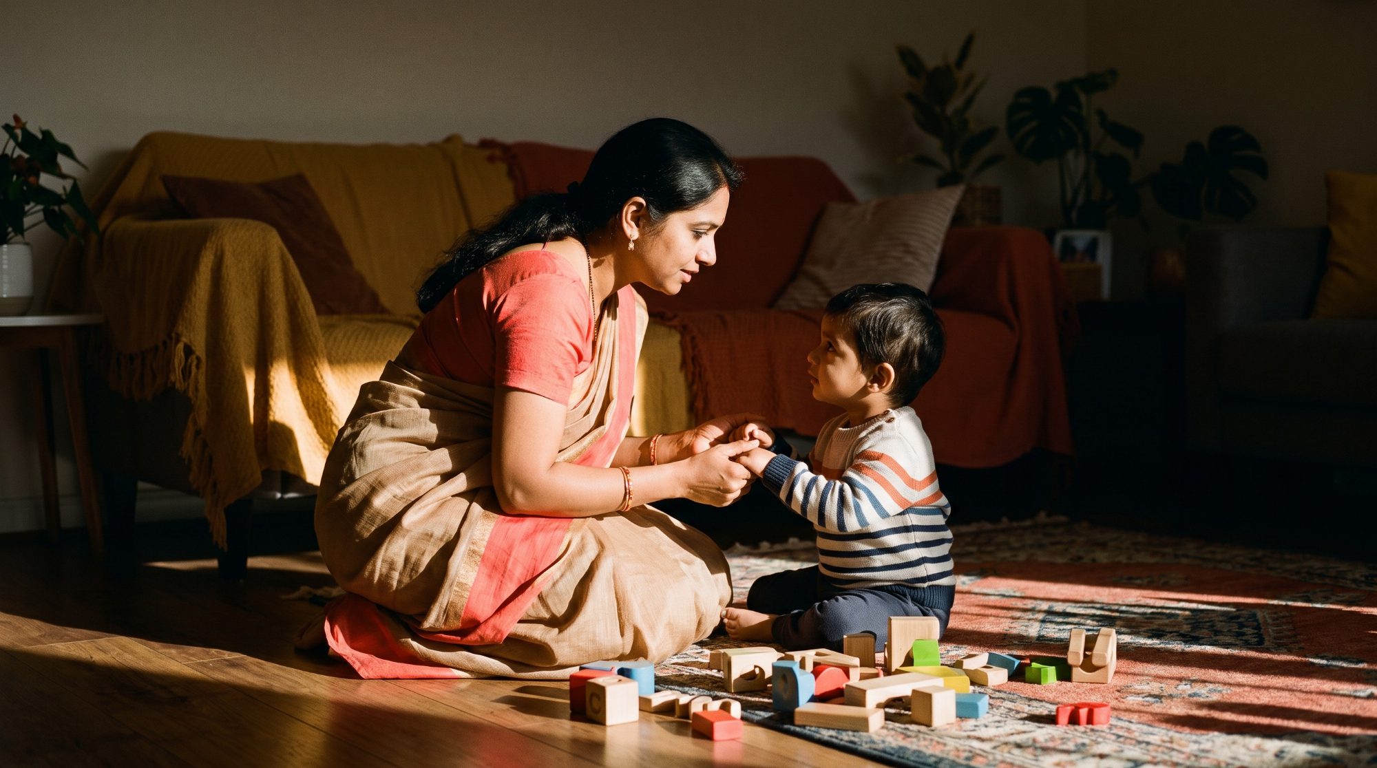 A mother kneeling to her child's level holding his hands