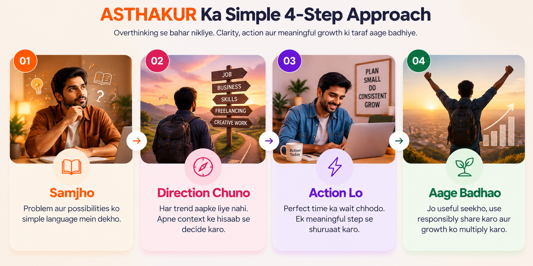 ASTHAKUR four-step journey: Samjho, Direction Chuno, Action Lo, Aage Badhao