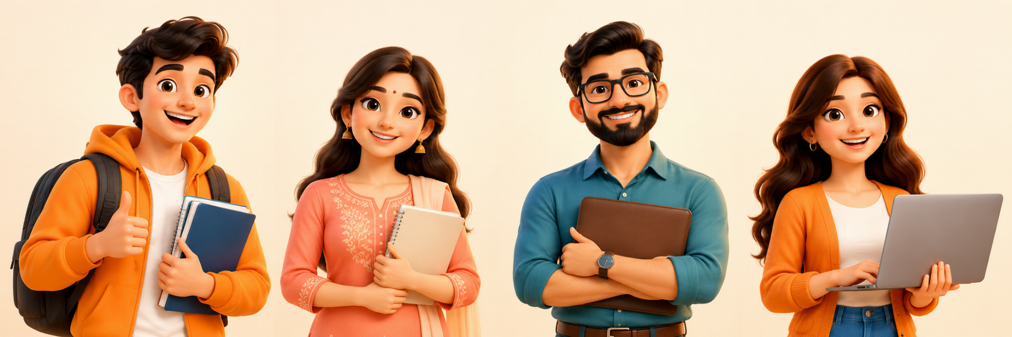 Illustrated students, homemakers, job seekers and beginners