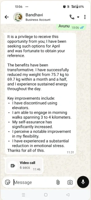 Customer WhatsApp message about weight and energy improvements