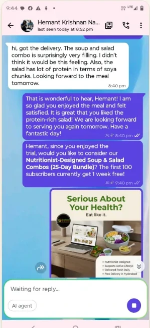 Customer WhatsApp message about soup, salad and protein