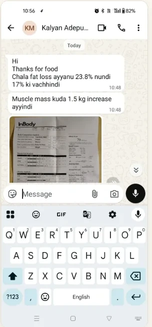 Customer WhatsApp message about body composition progress