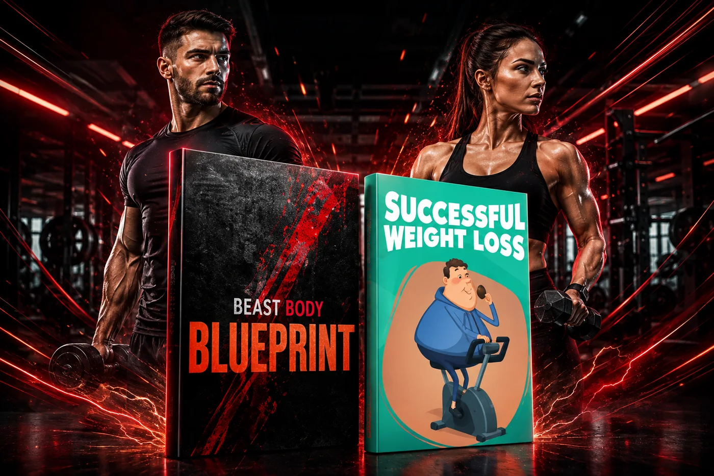 Beast Body Blueprint and Successful Weight Loss ebooks with an athletic man and woman in a gym