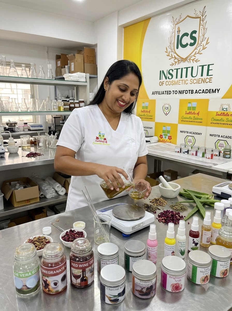 Rexy Margarate making skincare products in the Institute of Cosmetic Science lab