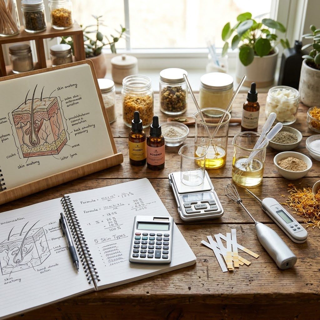 Skin anatomy notes, formula calculations, a digital scale and natural raw materials on a desk