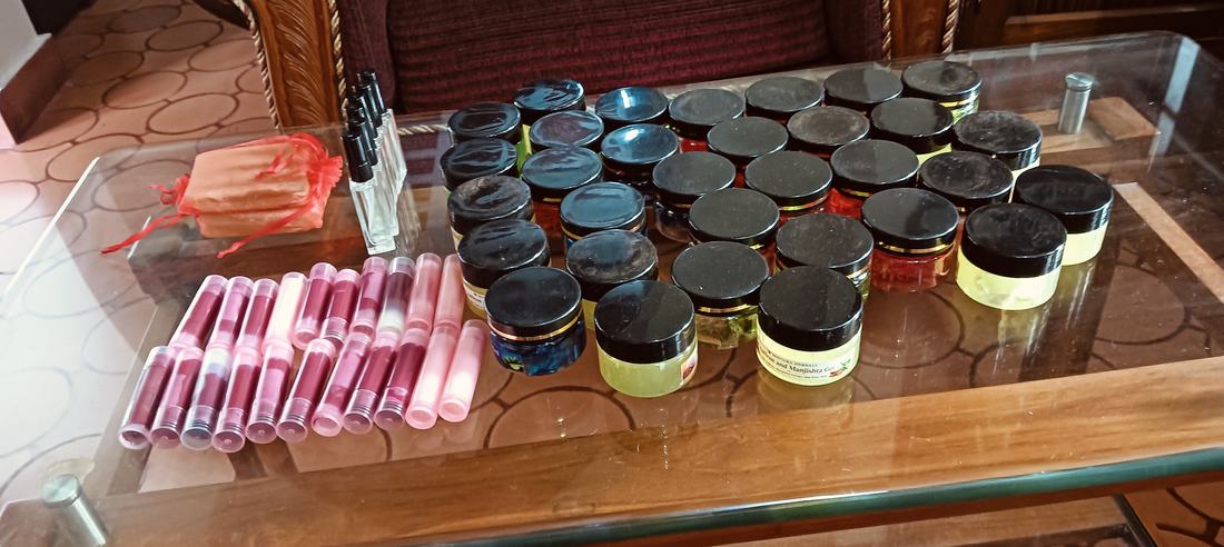Creams and lip tints made by a student