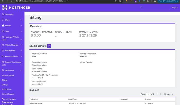 Hostinger affiliate payout dashboard