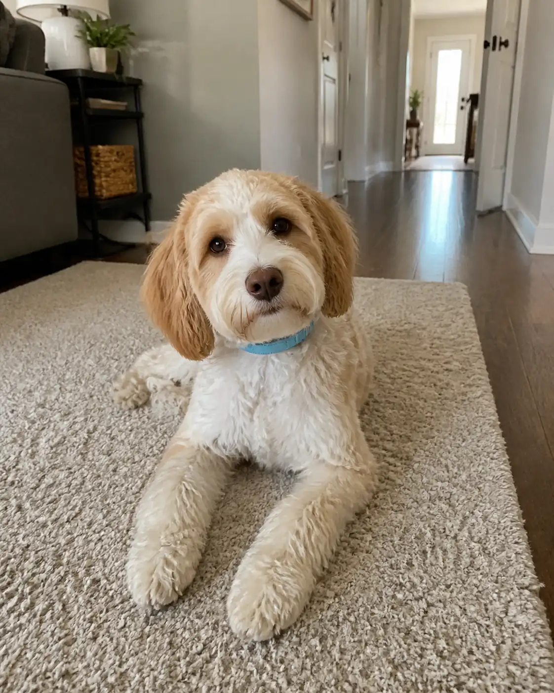 Calm dog wearing CalmiCollar dual-pheromone calming collar