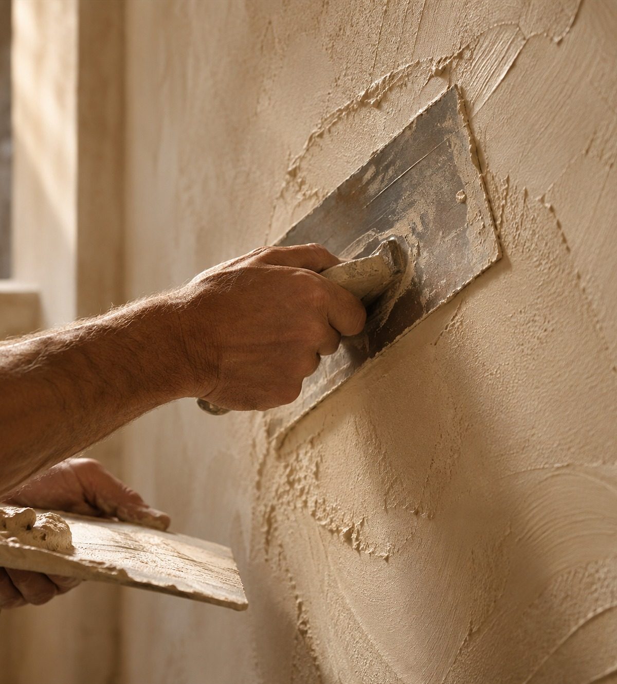 A plasterer applying lime plaster by hand