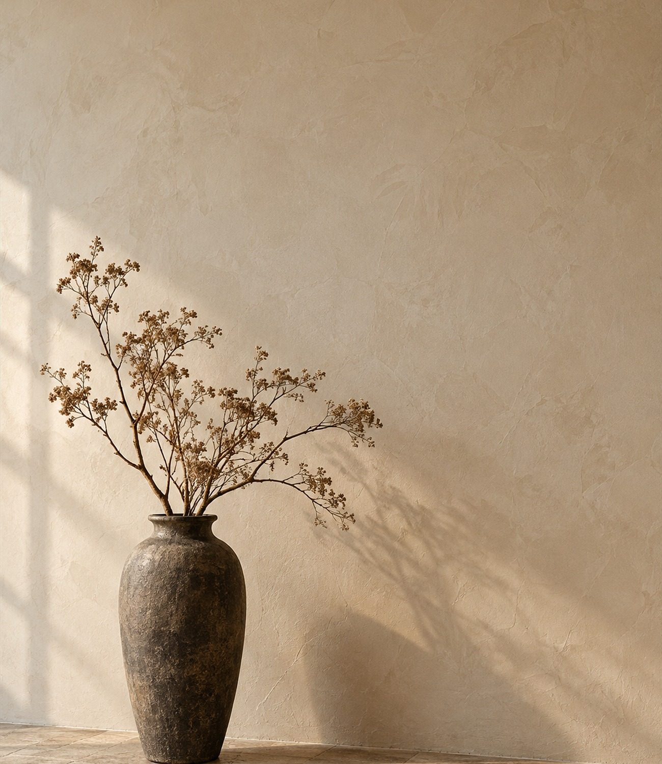 Stone vase against a lime plaster wall