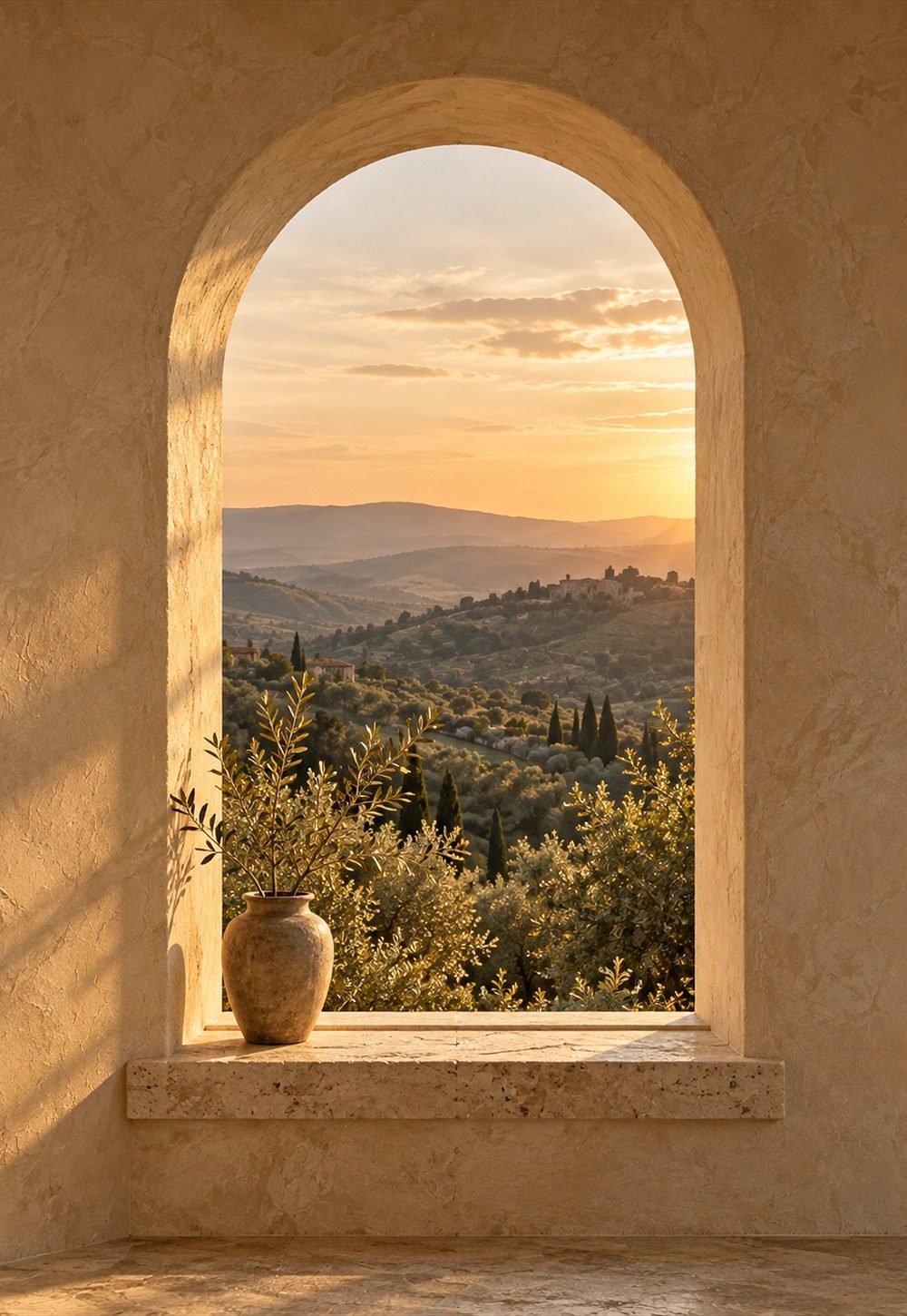 Arched window over green hills