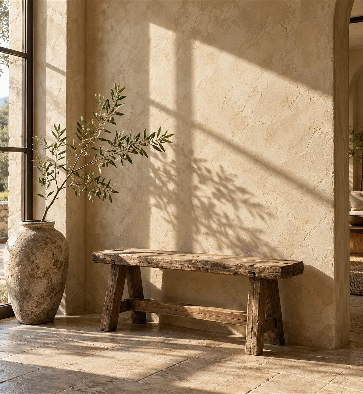 Sunlit lime plaster wall with a stone vase
