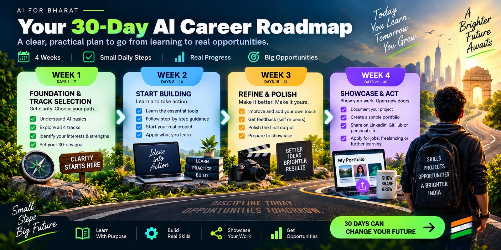 Your 30-day AI career roadmap: Week 1 foundation and track selection, Week 2 start building, Week 3 refine and polish, Week 4 showcase and act