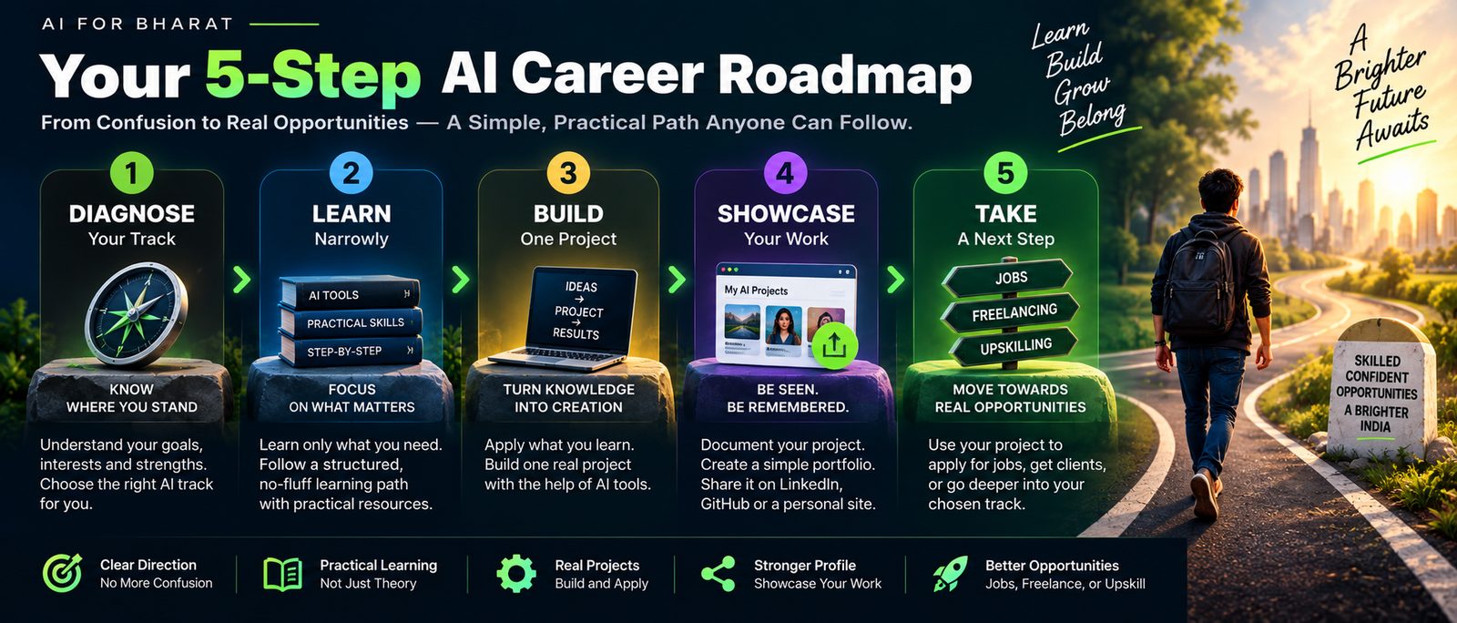 Your 5-step AI career roadmap: 1. Diagnose your track, 2. Learn narrowly, 3. Build one project, 4. Showcase your work, 5. Take a next step
