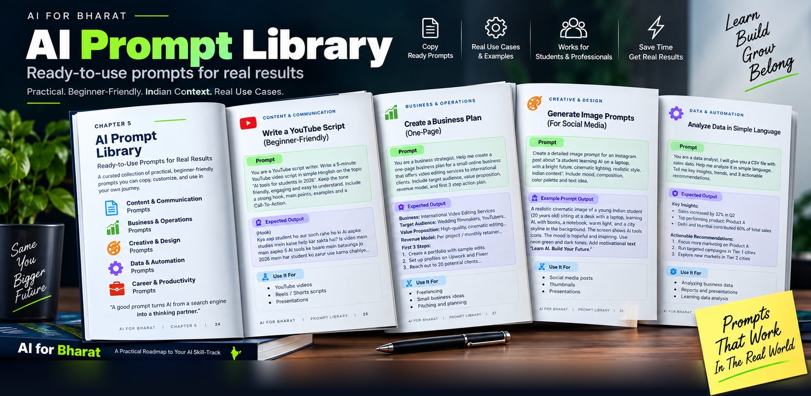 The AI Prompt Library: ready-to-use prompts for content and communication, business and operations, creative and design, and data and automation