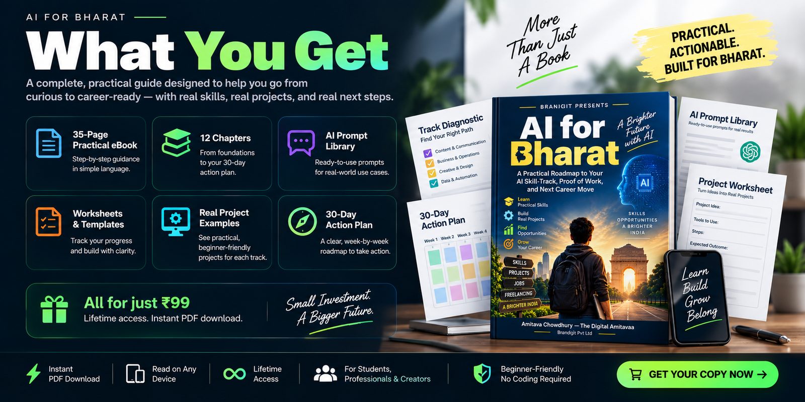 What you get with AI for Bharat: a 35-page practical eBook, 12 chapters, an AI prompt library, worksheets and templates, real project examples and a 30-day action plan, all for ₹99