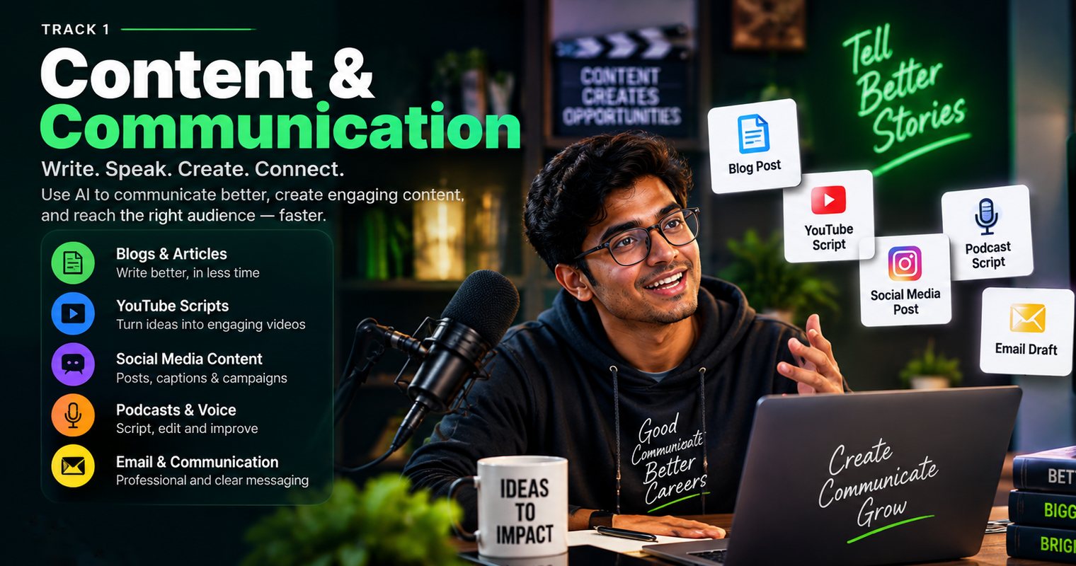Track 1, Content and Communication: use AI to write blogs and articles, YouTube scripts, social media content, podcast scripts, and email drafts