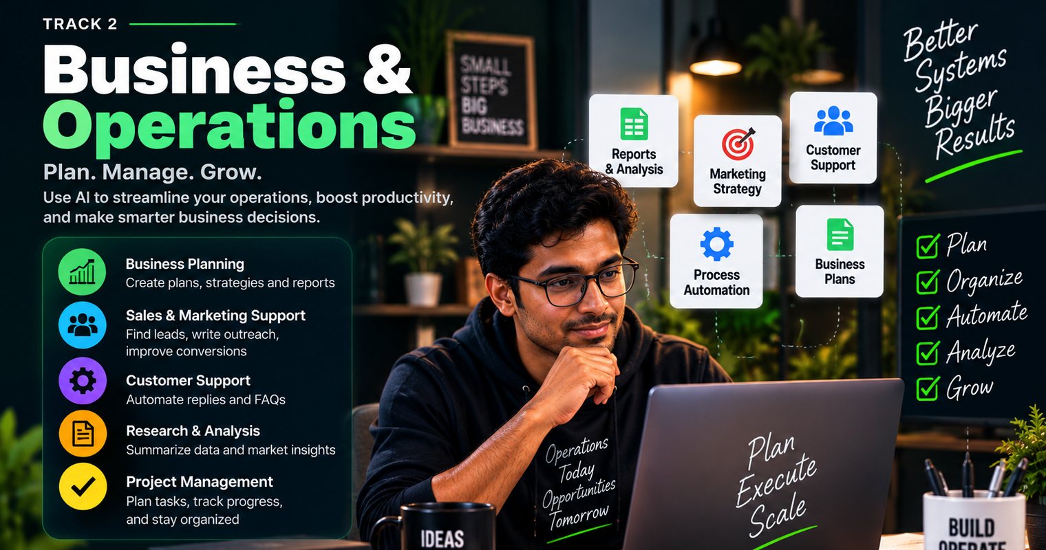 Track 2, Business and Operations: use AI for business planning, sales and marketing support, customer support, research and analysis, and project management