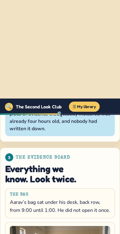 The evidence board — every fact the case gives you