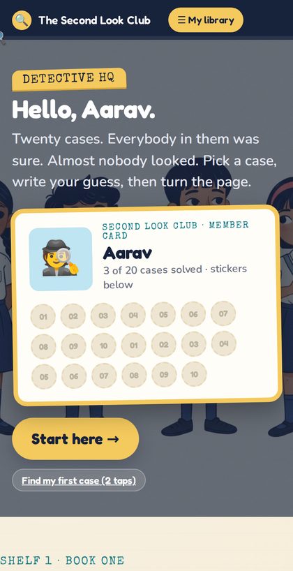 The library home screen — Detective HQ with a member card and case files