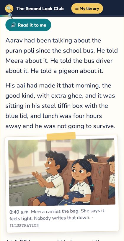 A case story page with large print and a read-it-to-me button