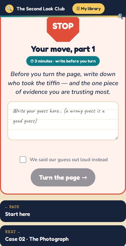 The STOP page where the child writes a guess before turning the page