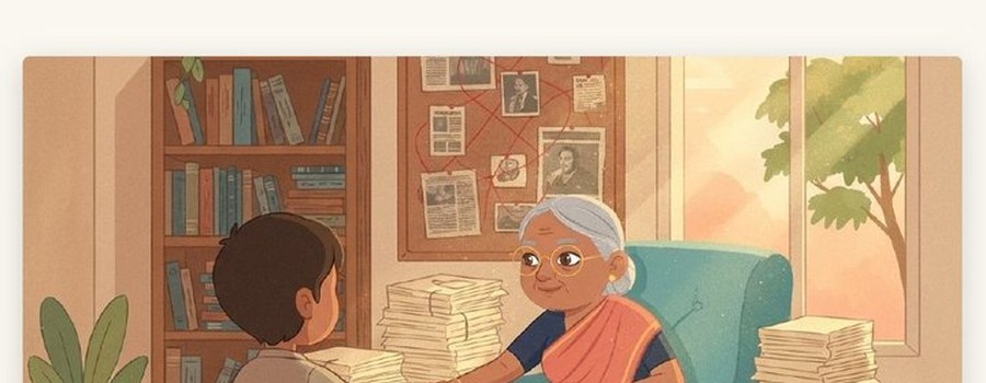 The last page of the book: Dadi Bimla and a child with the case files between them