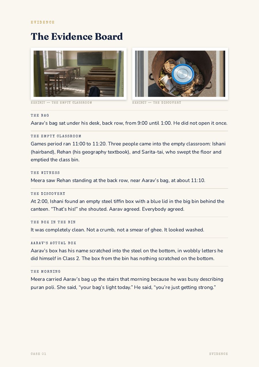 The Evidence Board page, laying out photographic exhibits from the case with captions