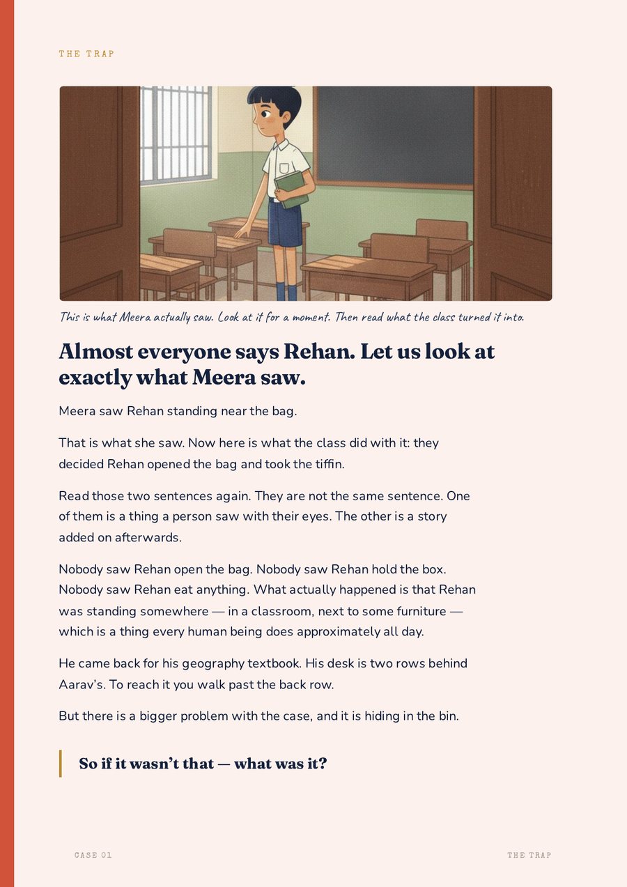 The next page of the case, showing that almost everyone blames Rehan and then examining what Meera actually saw
