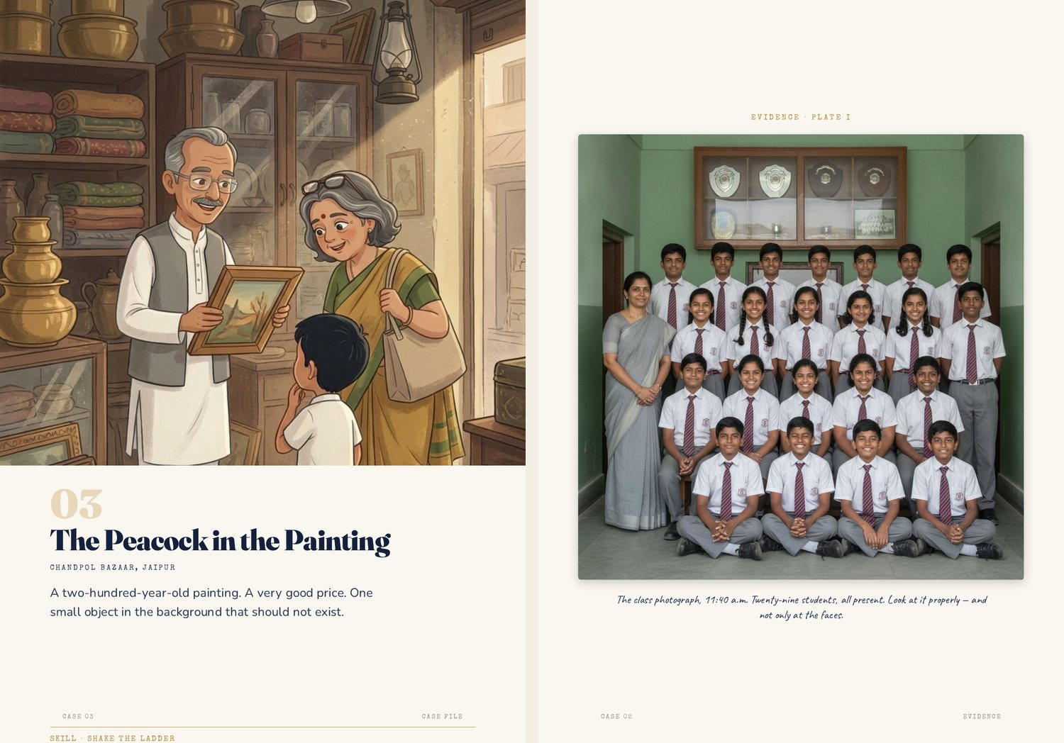 Two more pages: an illustrated antique shop opening Case Three, and a photographic class portrait used as evidence