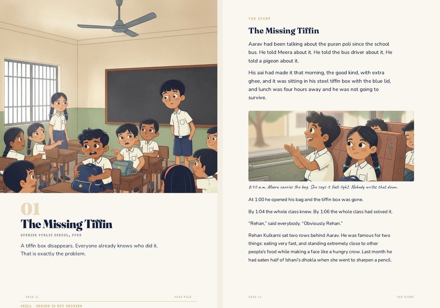 Case one of The Second Look Club, open across two illustrated pages: a classroom scene and the opening of The Missing Tiffin