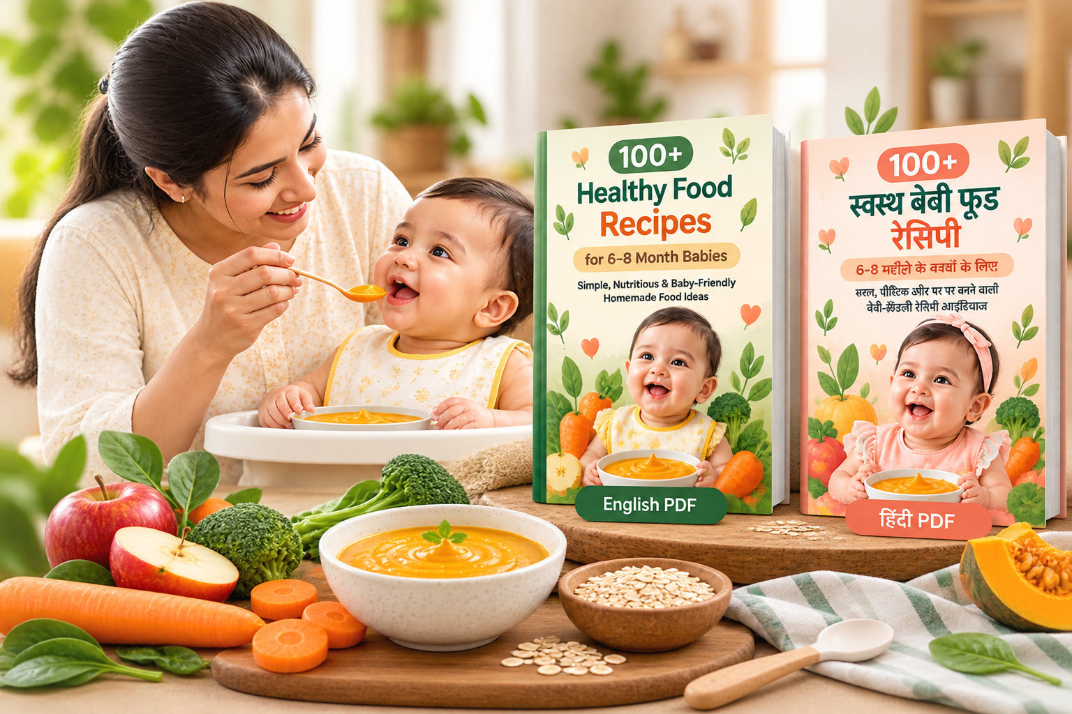 Illustrative mockup of the English and Hindi baby recipe ebooks