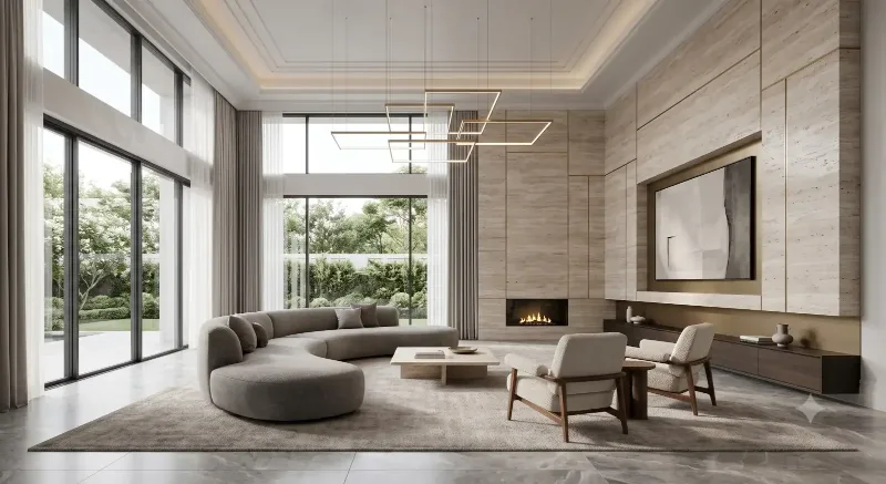 Living room with garden-facing windows and a fireplace wall
