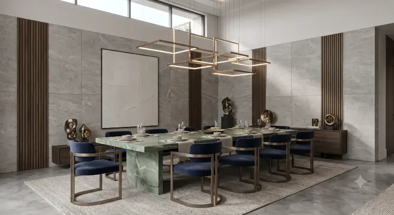 Long dining table with blue chairs under a linear pendant light