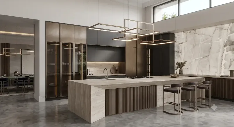 Modular kitchen with a stone island and glass-fronted tall units